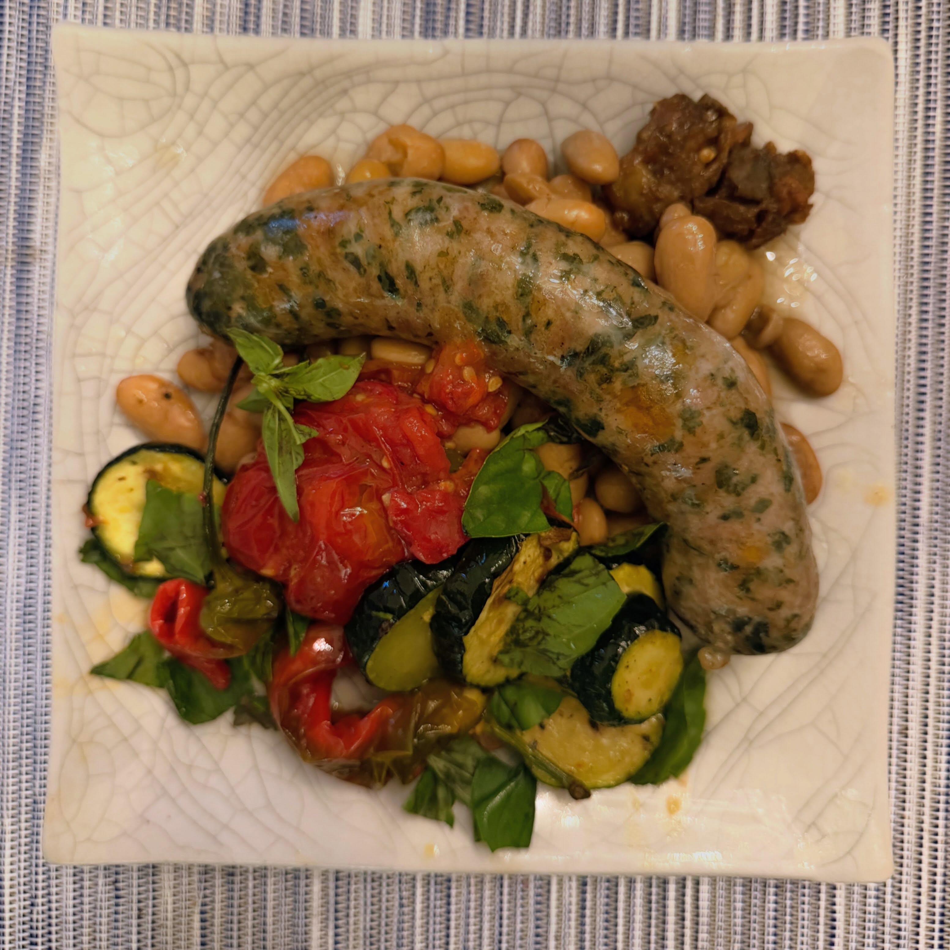 Sous Vide Greens Sausage with Roasted Summer Vegetables and Fresh Cranberry Beans