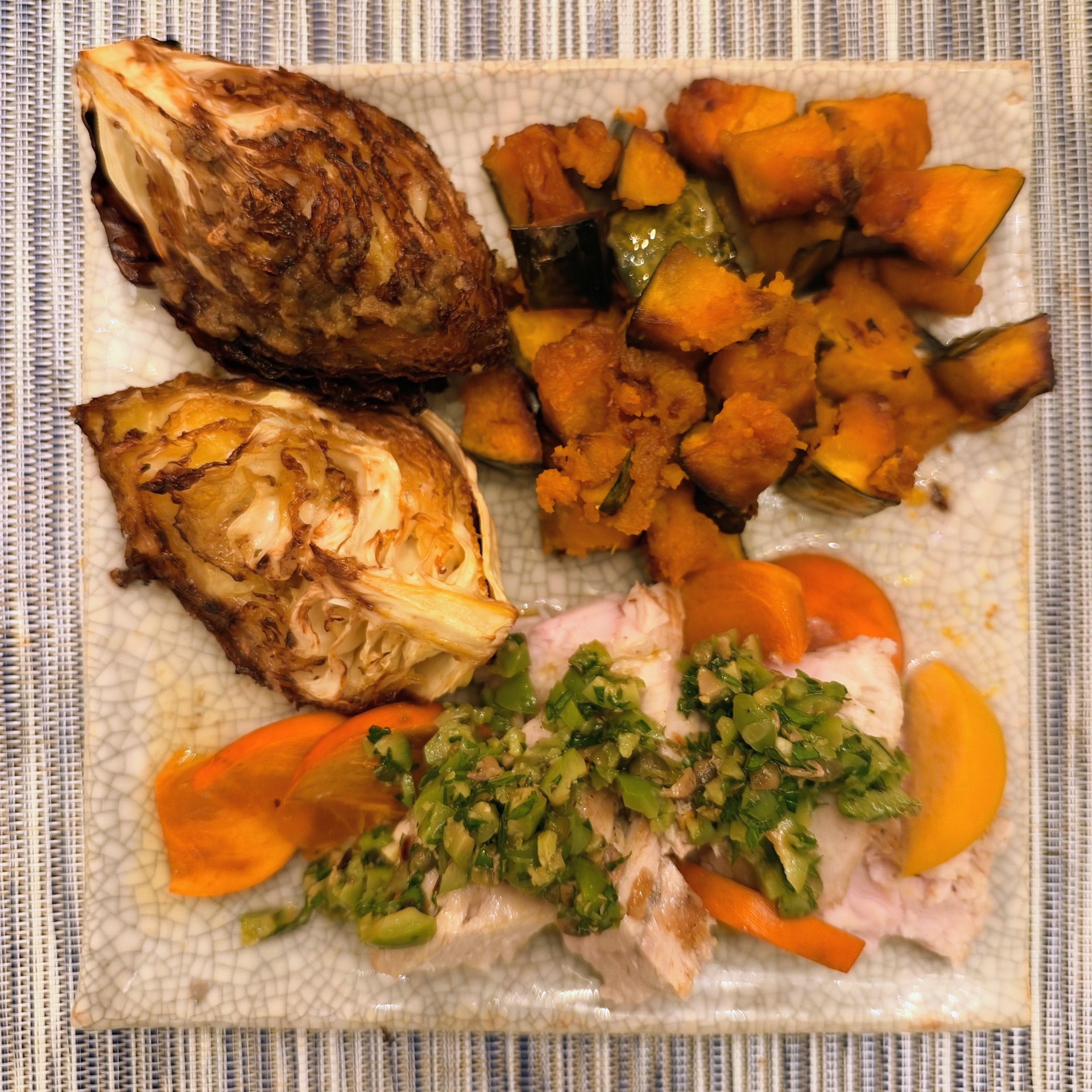 Sous Vide Swordfish with Fuyu Persimmon, Green Olive Relish, Miso–Brown Butter Cabbage and Roasted Hokkaido Squash