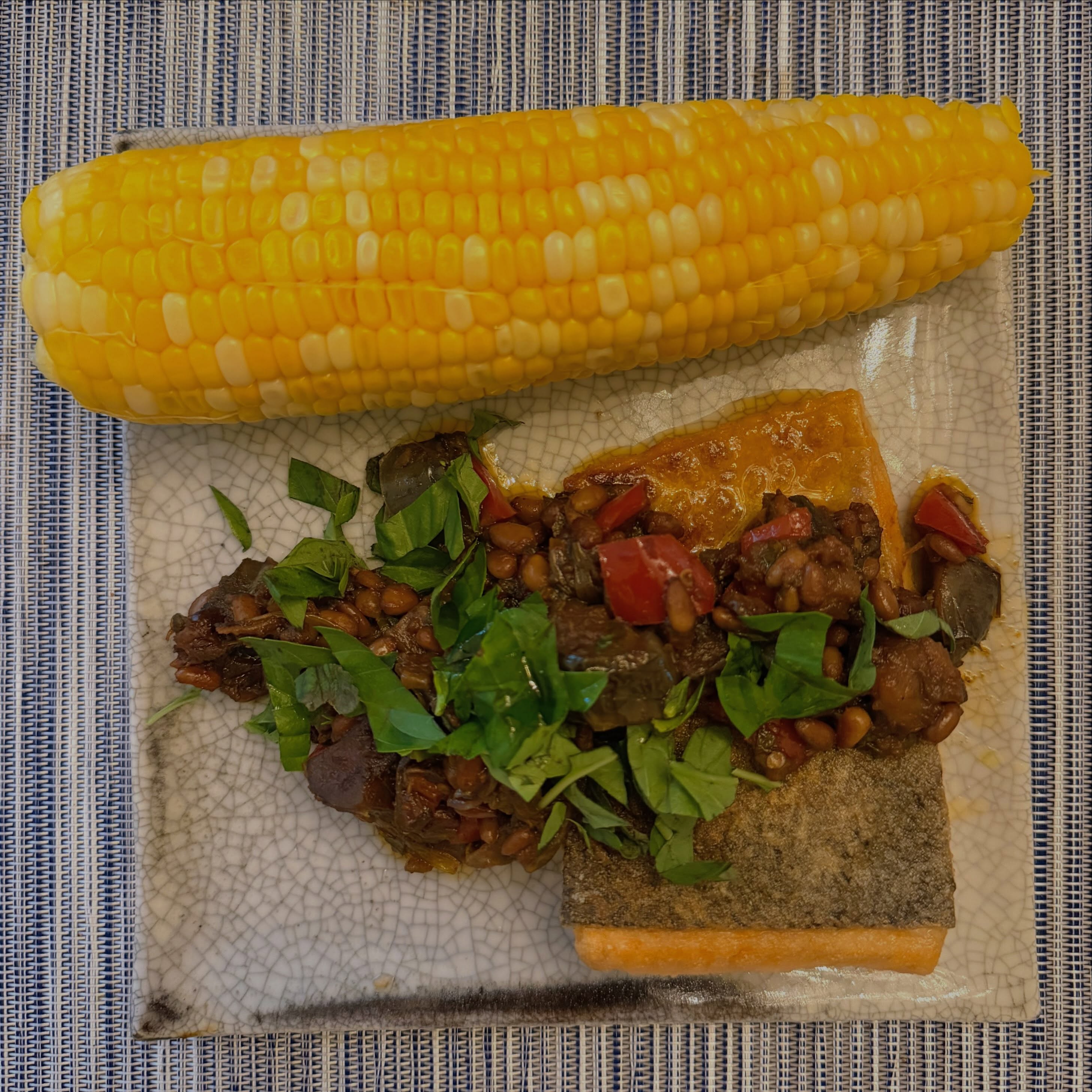 Crisp-Seared Rainbow Trout with Sicilian Caponata and Corn on the Cob
