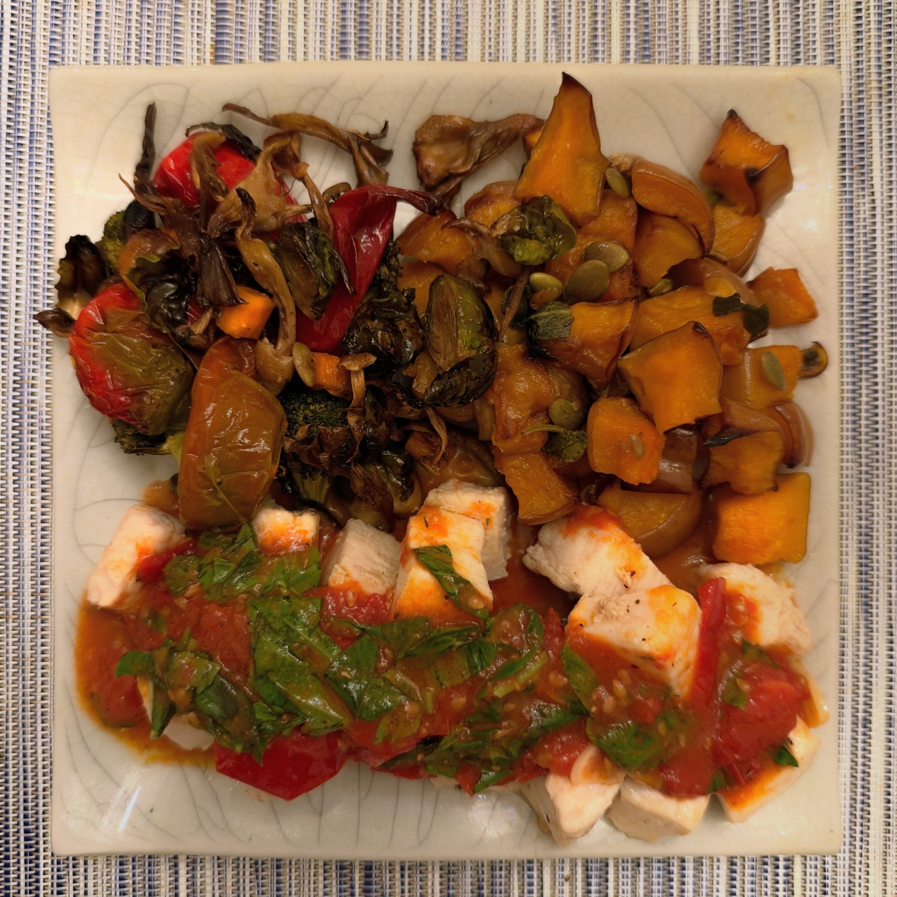 Pan-Seared Swordfish Bellies with Fresh Tomato-Basil Sauce, Sage Koginut Squash, and Roasted Vegetables