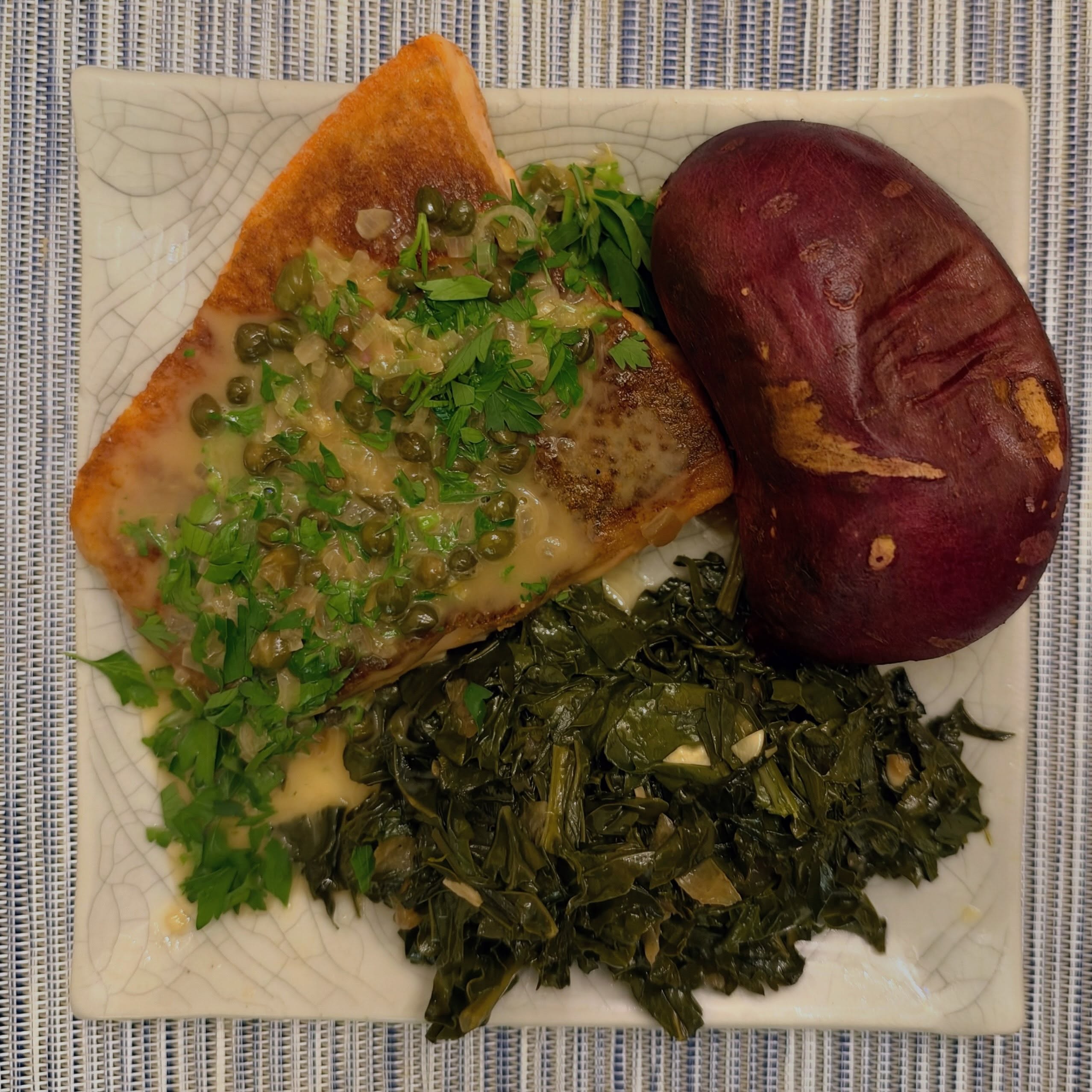 Steelhead Trout Piccata with Roasted Japanese Sweet Potato and Braised Spigariello Riccia