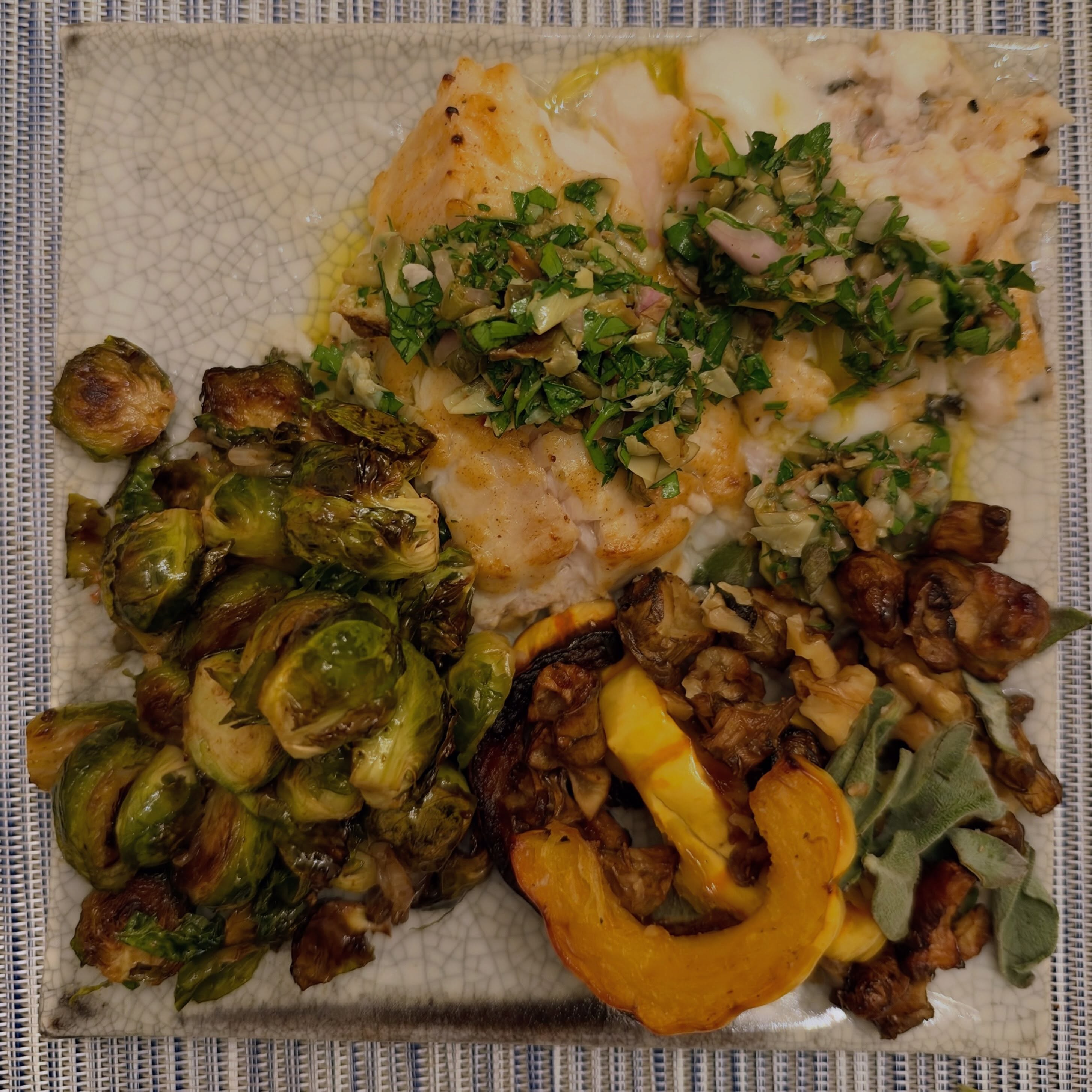 Mustard-Miso Black Cod with Artichoke-Caper Salsa and Autumn Roasted Vegetables